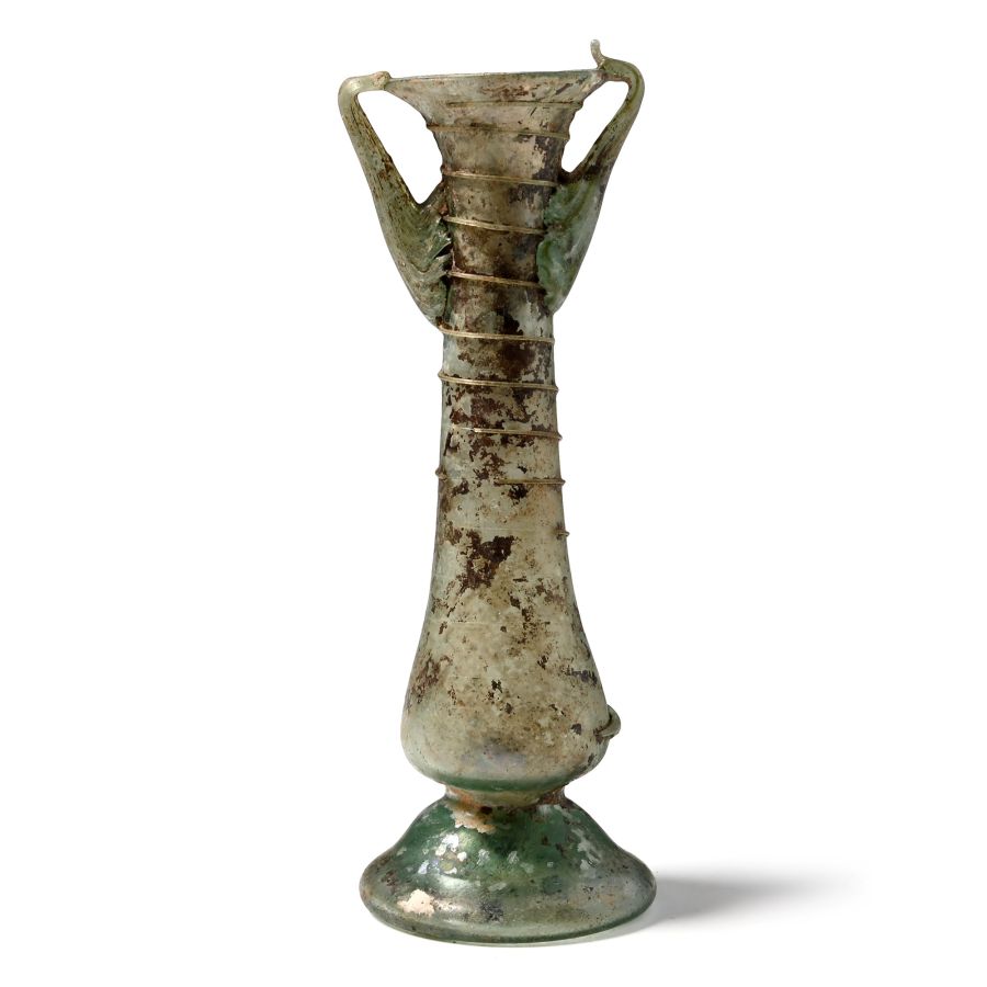 Roman Iridescent Glass Two-Handled Flask with Trail