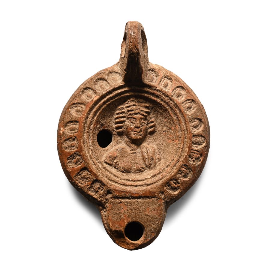 Roman Terracotta Oil Lamp with Bust of Apollo