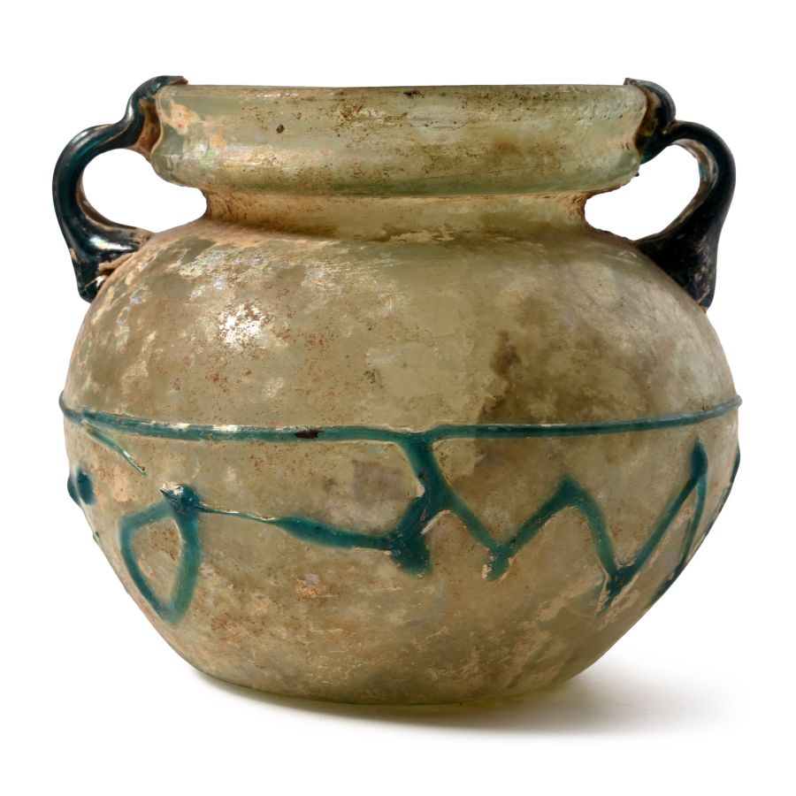 Large Roman Green Glass Vessel with Applied Blue Handles and Green Zig-Zag Trail