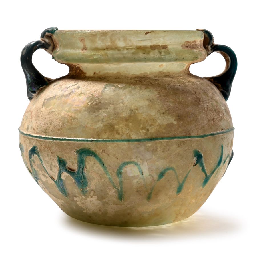 Large Roman Green Glass Vessel with Applied Blue Handles and Green Zig-Zag Trail