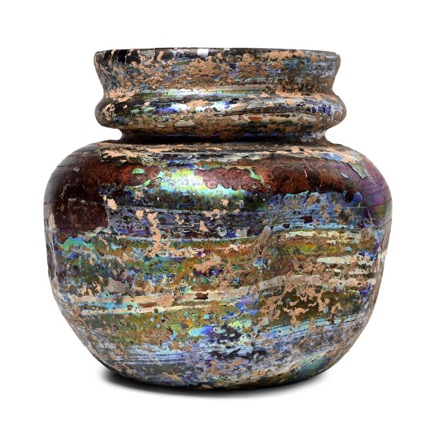 Roman Iridescent Aubergine Glass Dimpled Jar