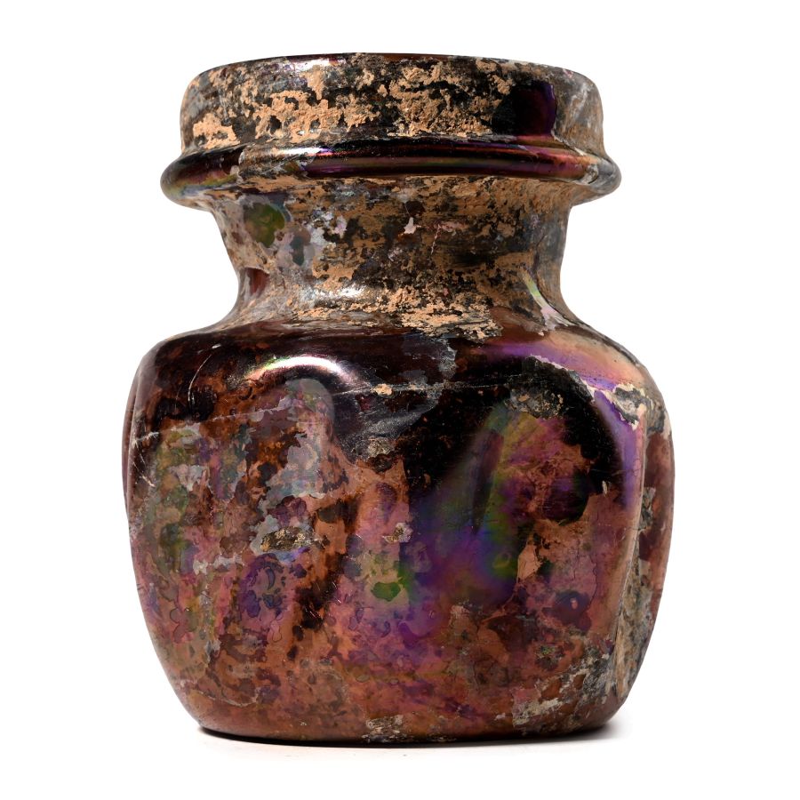 Roman Iridescent Aubergine Glass Dimpled Jar