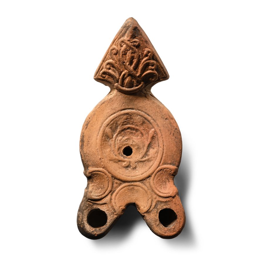 Roman Terracotta Double Nozzled Oil Lamp with Triangular Reflector