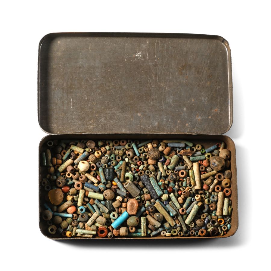 Egyptian Assorted Faience and Other Beads in Early 20th Century Tin Box