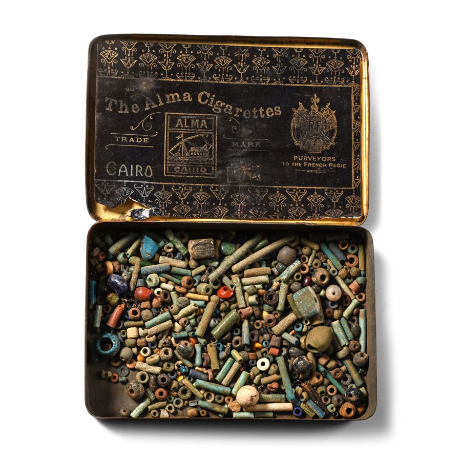 Egyptian Assorted Faience and Other Beads in Early 20th Century Tin Box
