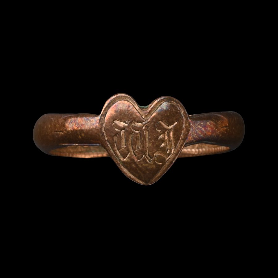 Napoleonic Copper Coin Betrothal Ring with Heart-Shaped Bezel