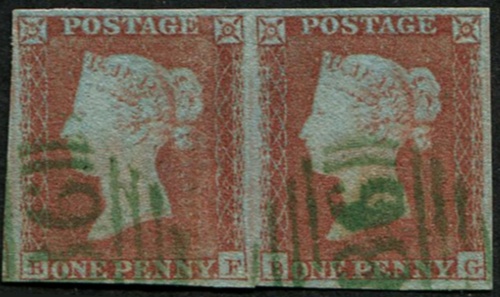 1d Pl.127 'BF-BG' (SG 8p) PAIR 'GREEN' NUMERALS