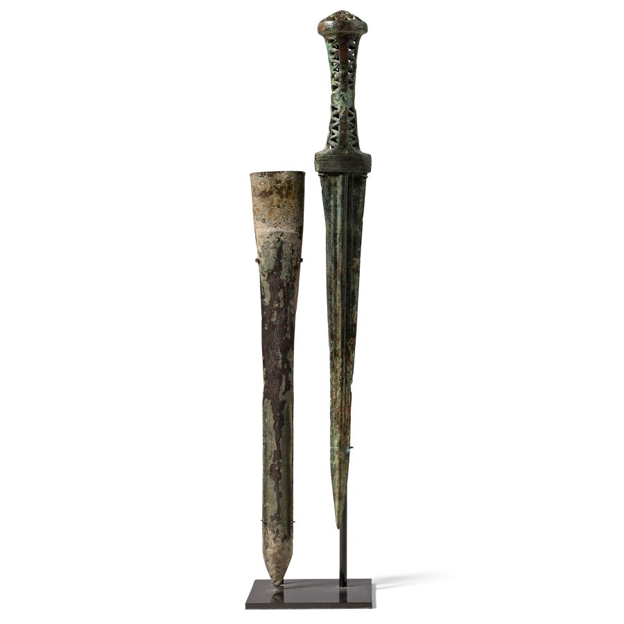 Western Asiatic Bronze Dagger with Openwork Hilt and Scabbard