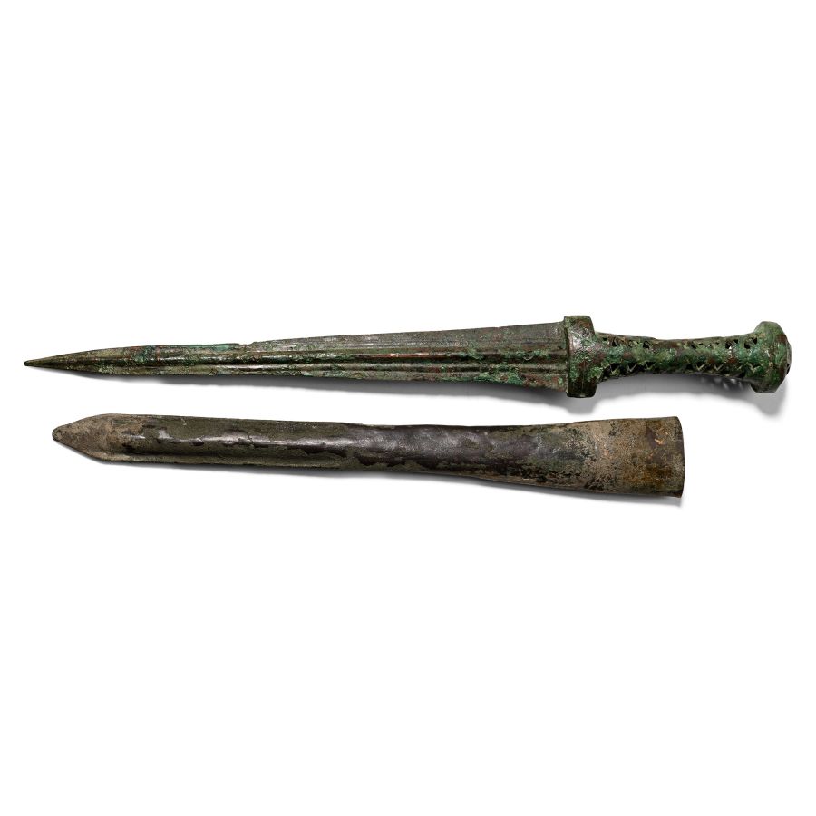 Western Asiatic Bronze Dagger with Openwork Hilt and Scabbard