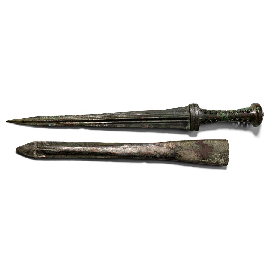 Western Asiatic Bronze Dagger with Openwork Hilt and Scabbard