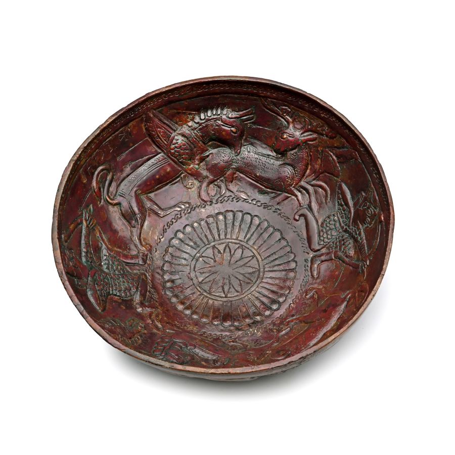 South Arabian Bronze Bowl Featuring a Hunting Scene and Inscription