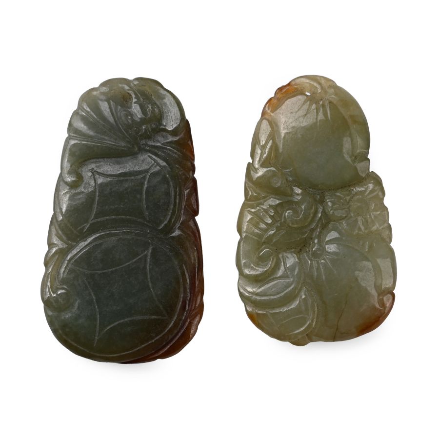 Chinese Carved and Polished Jadeite Amulet Pair