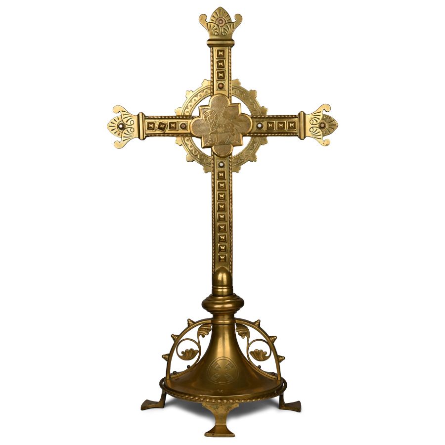 Large Jewelled Brass Altar Cross with Base