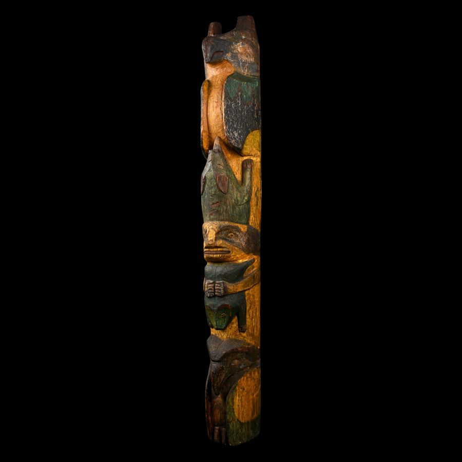 Large North American Hadia or Tilngit Tribes Painted Wooden Totem Pole Model