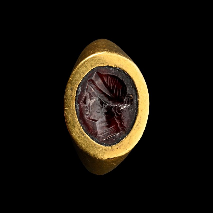 Greek Gold Ring with Garnet Gemstone with Portrait