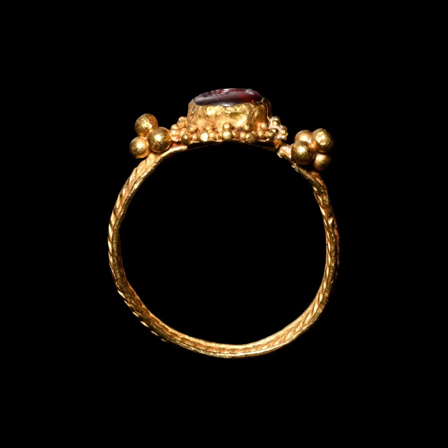 Greek Gold Ring with Garnet Gemstone with Helios