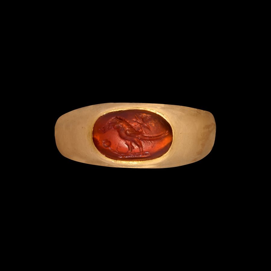 Roman Carnelian Gemstone with Bird in Gold Ring