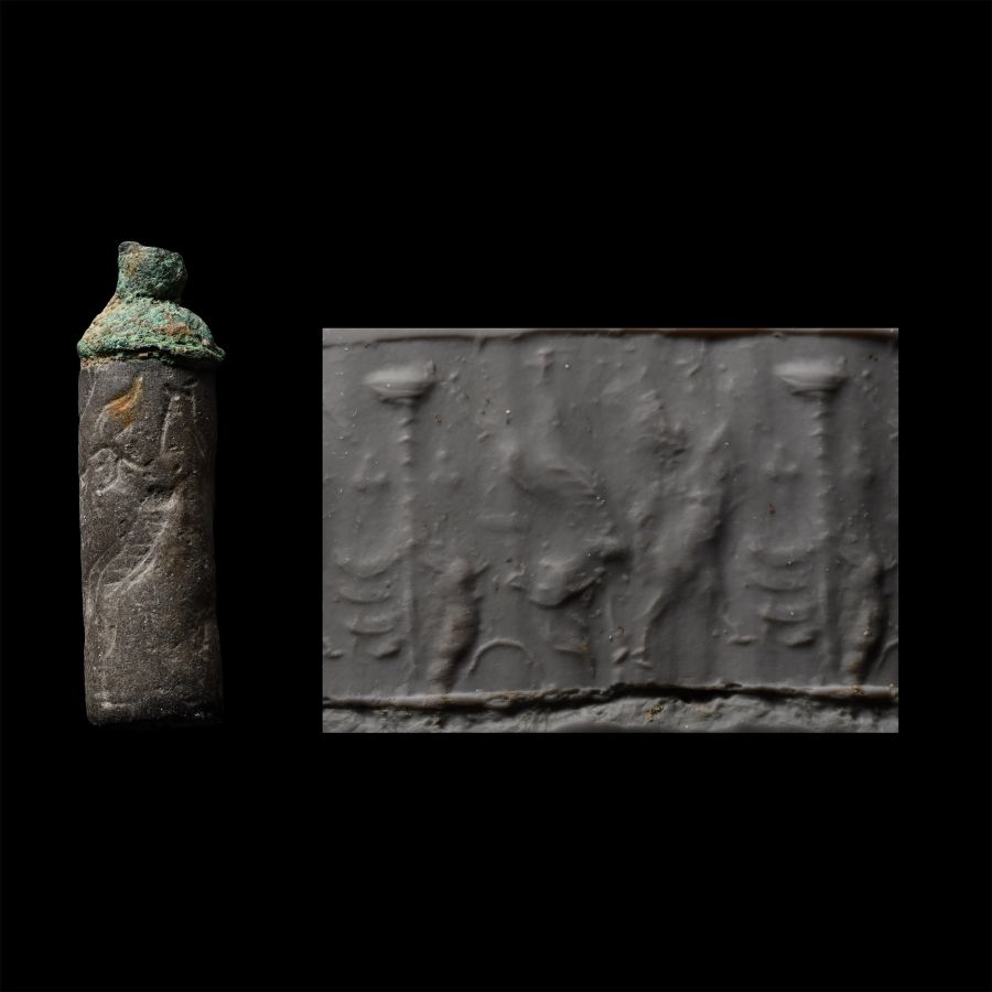 Western Asiatic Schist Cylinder Seal with Bronze Cap