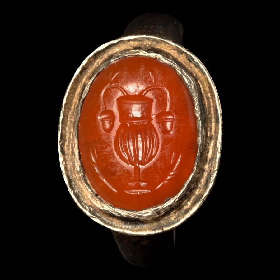 Roman Silver Ring with Carnelian Gemstone with Krater