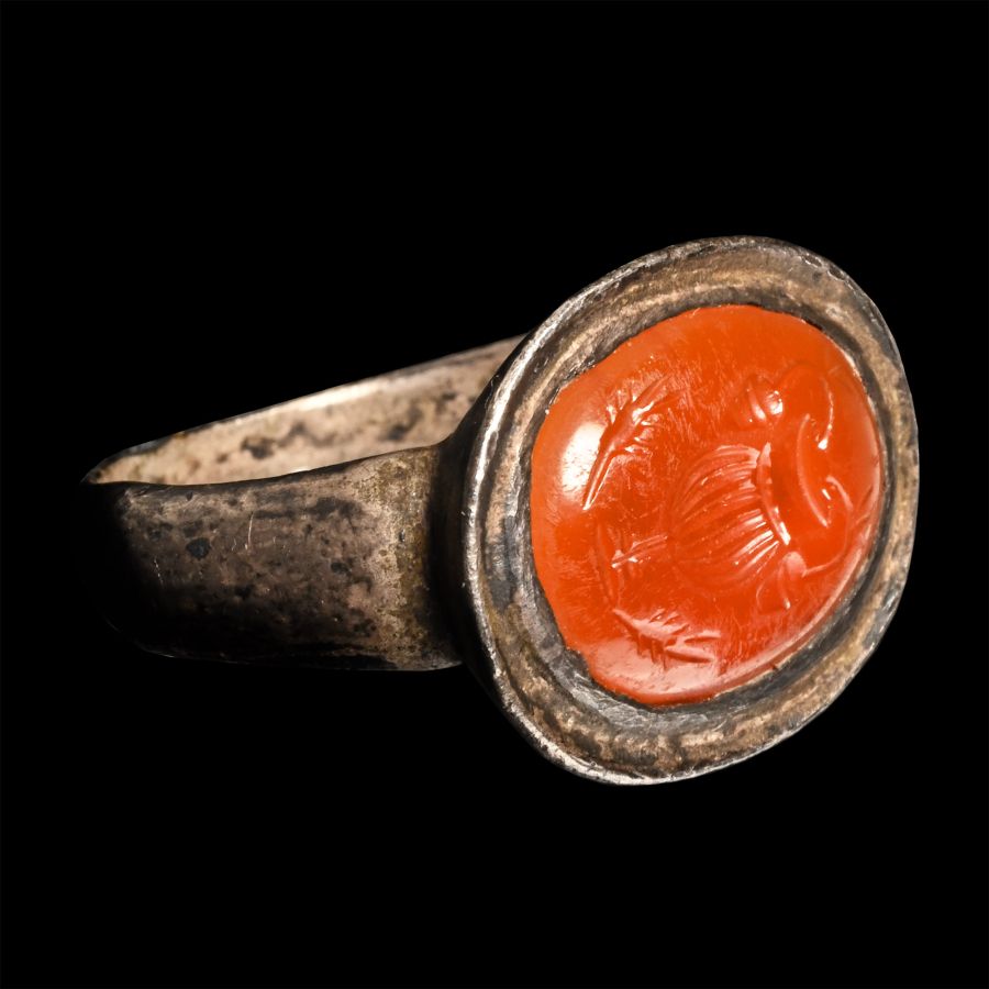 Roman Silver Ring with Carnelian Gemstone with Krater
