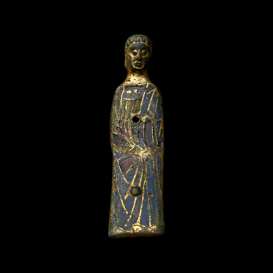 Large Medieval Limoge Enamelled Gilt Bronze Saint