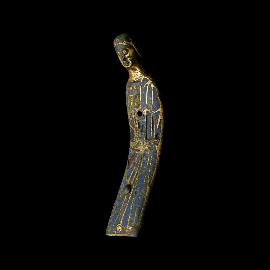 Large Medieval Limoge Enamelled Gilt Bronze Saint
