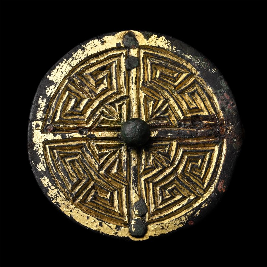 Large Anglo-Saxon Gilt Bronze Pin Head with Geometric Design