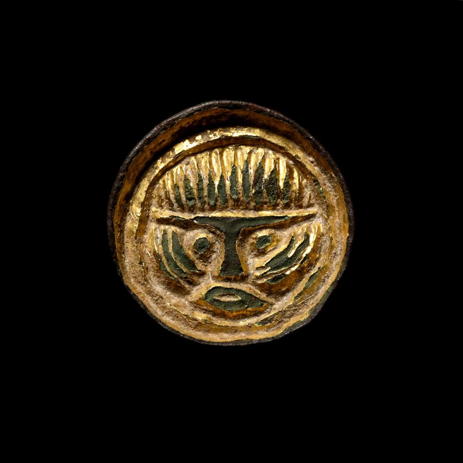 Anglo-Saxon Gilt Bronze Button Brooch with Face of a Warrior