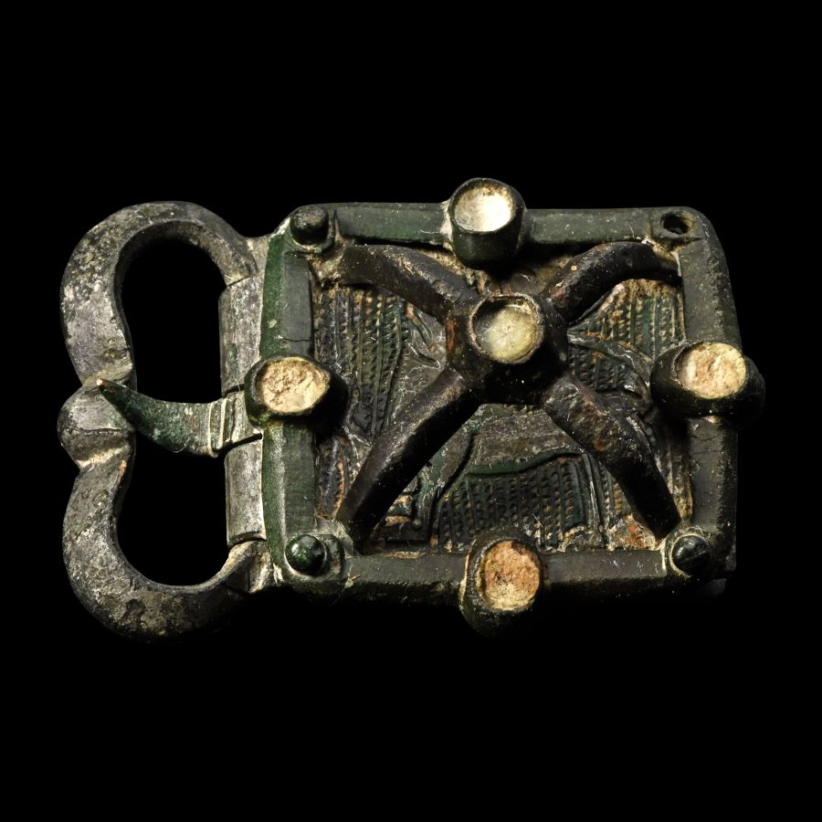 Medieval Bronze Buckle with Engraved Lion on Plate within Cage