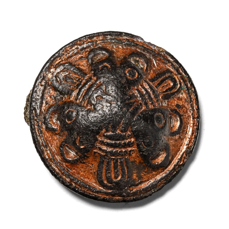 Anglo-Scandinavian Viking Gilt Bronze Borre Style Trefoil Panelled Domed Disc Brooch with Three Bear's Heads