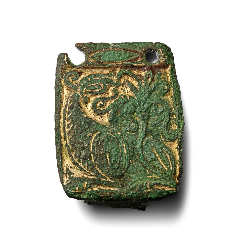 Medieval Gilt Bronze Buckle Plate with Beast Facing Back