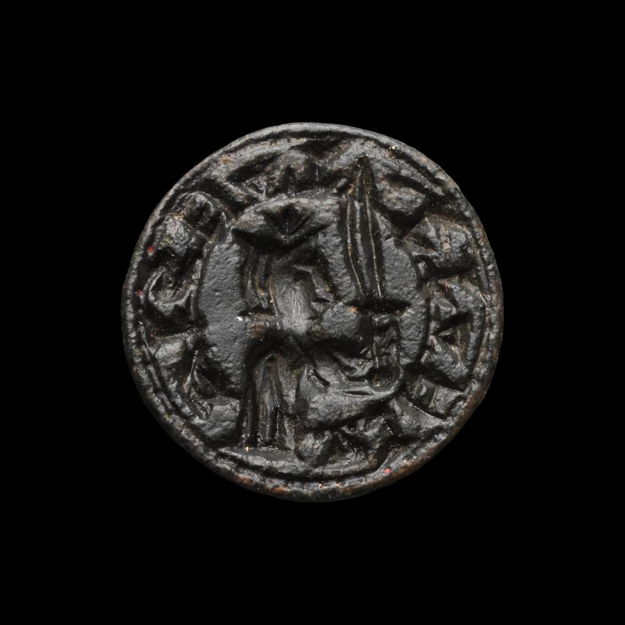 Medieval Bronze Round Seal Matrix with Knight Holding a Sword
