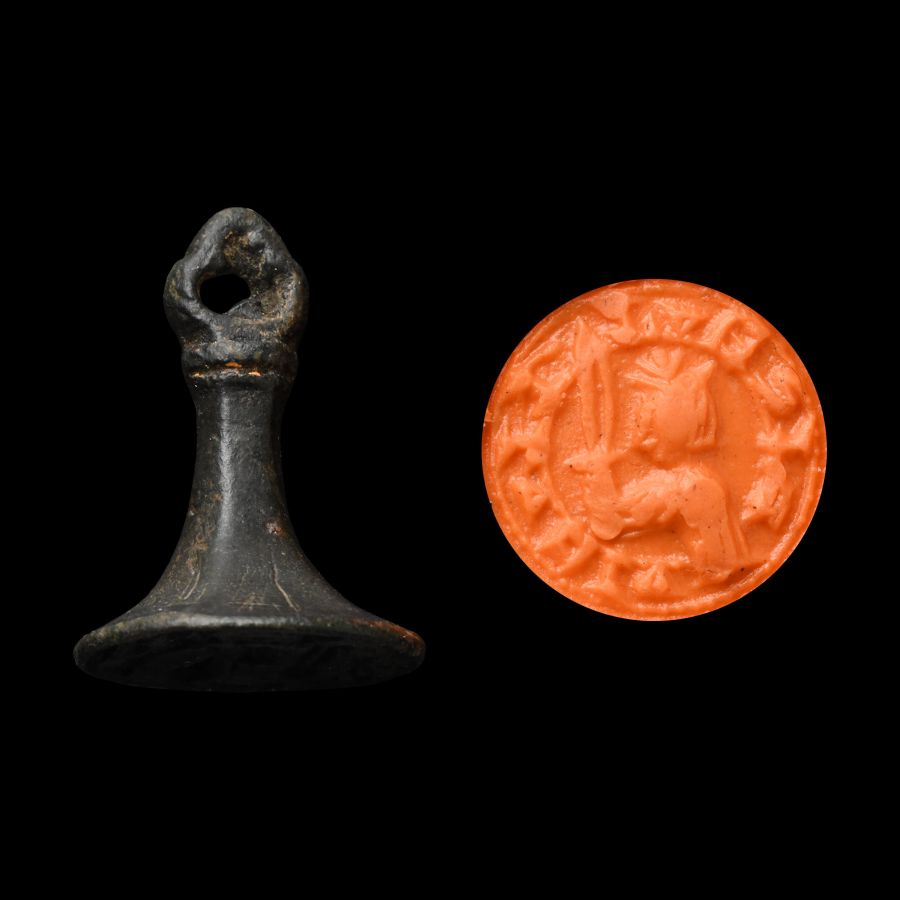 Medieval Bronze Round Seal Matrix with Knight Holding a Sword
