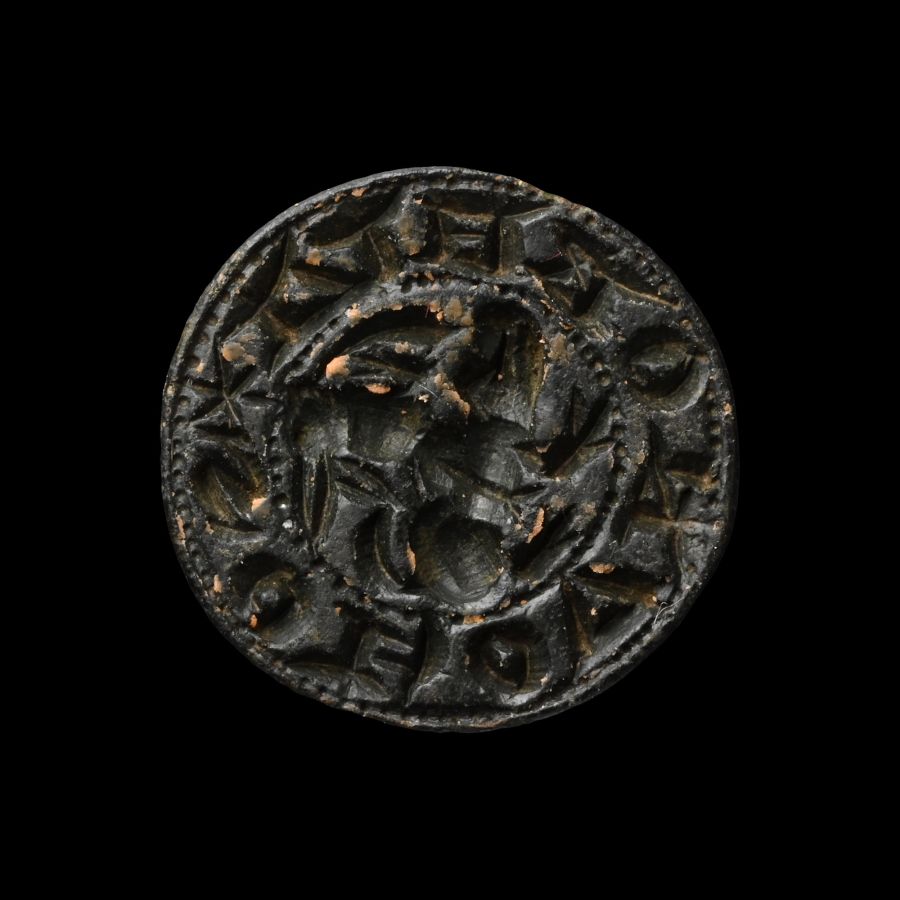 Medieval Bronze Round Seal Matrix with Hare Riding a Hound