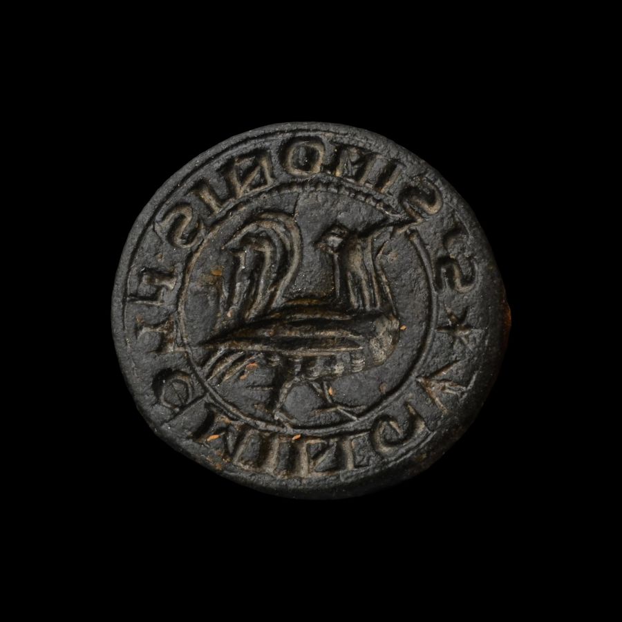 Medieval Bronze Round Seal Matrix with Cockerel of Simon Fleming