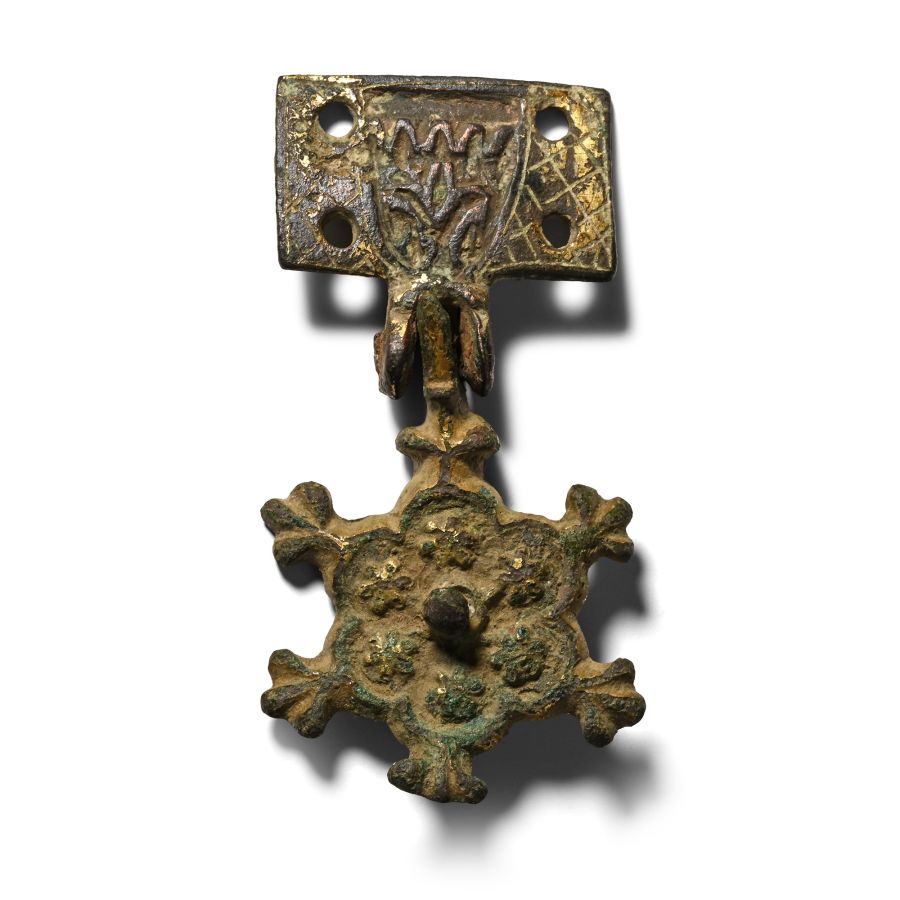 Large Medieval Knight's Enamelled Gilt Bronze Heraldic Horse Harness Pendant and Hanger