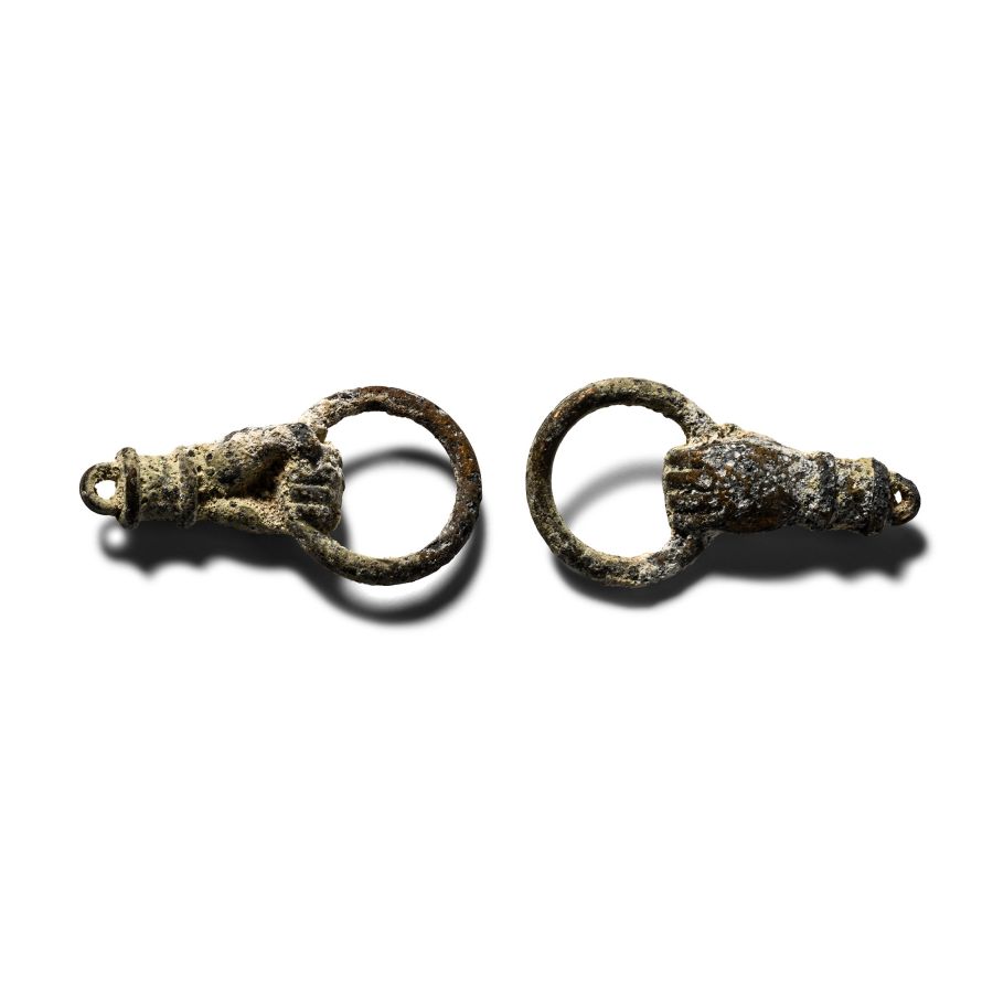 Western Asiatic Bronze Hand Holding Ring Amulet Pair