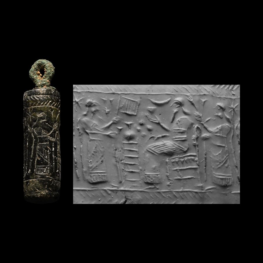 Large Western Asiatic Agate Cylinder Seal with Bronze Loop