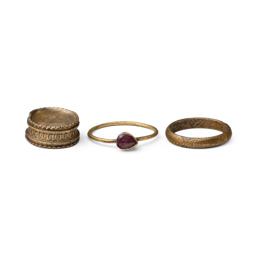 Post Medieval Brass Ring Group Including Posy Ring with 'LOVE LOVE' Inscription