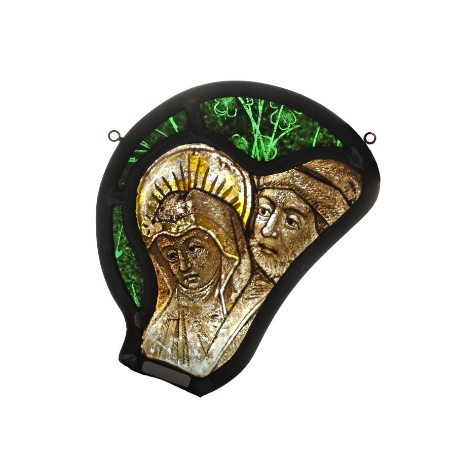 Medieval Stained Glass with Joseph and the Virgin From a Scene Showing the Flight into Egypt