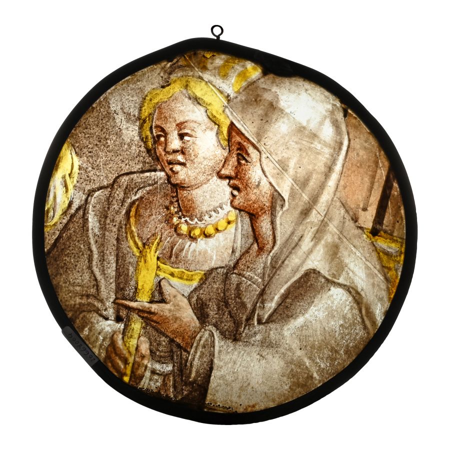 Medieval Stained Glass Roundel with Two Women in Conversation