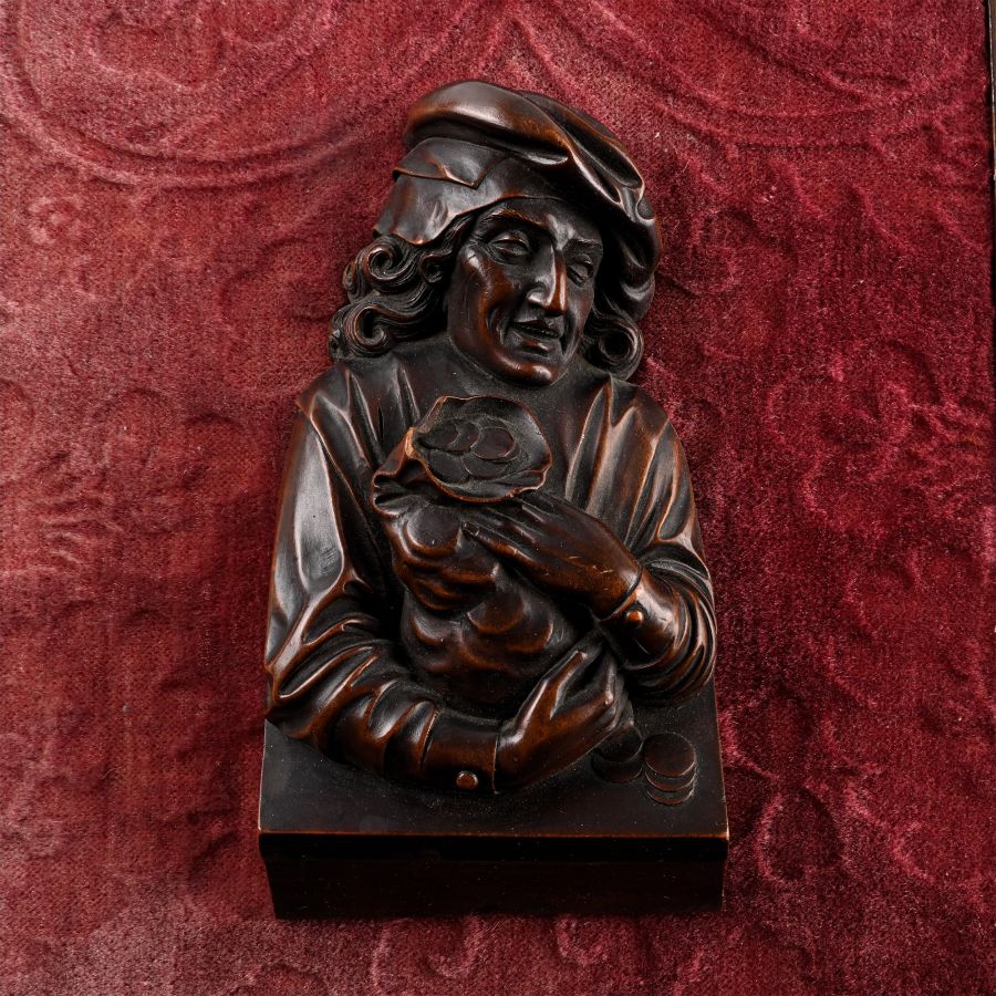 Post Medieval Wooden Bas Relief Representing a Gentleman Illustrating an Allegory of Avarice