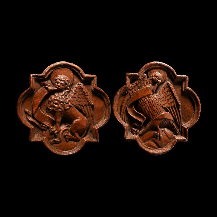 Medieval Red Clay Quatrefoil Tiles Decorated with Symbols of Saint John and Saint Mark
