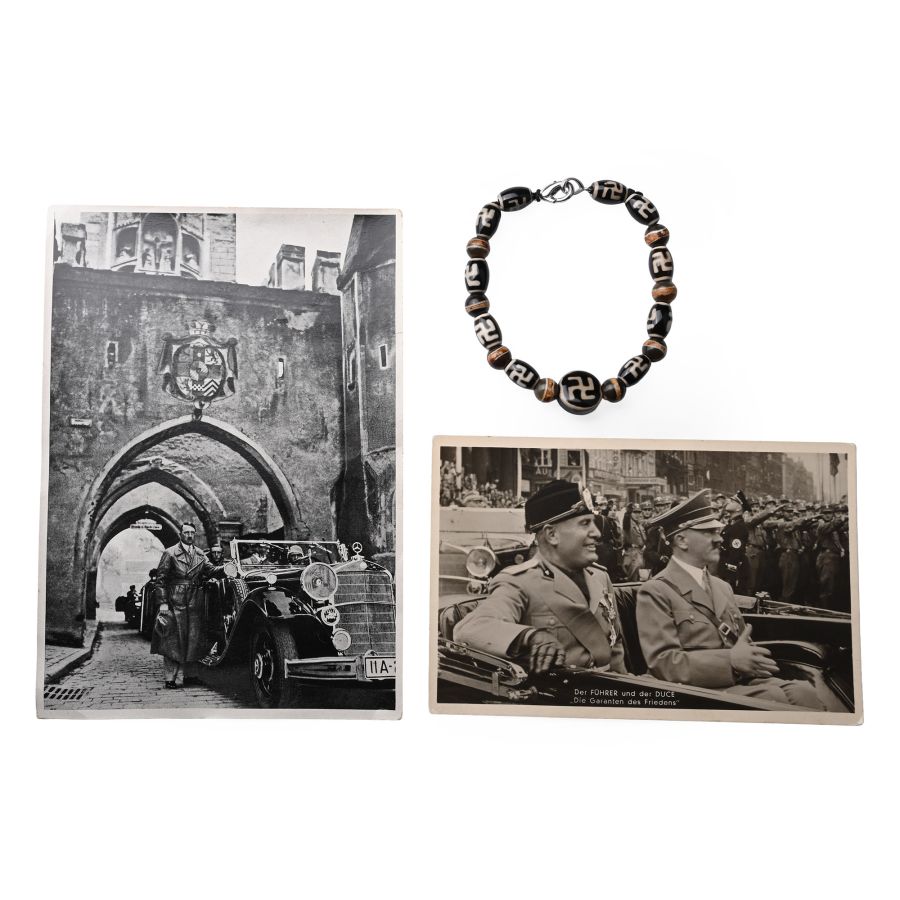 WWII Postcards of Hitler and Tibetan Bracelet with Swastikas