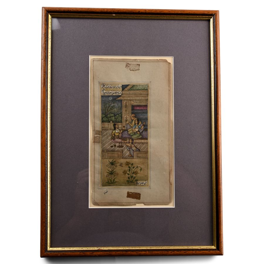 Indian Miniature Framed Watercolour Painting with Courtly Tea Ceremony