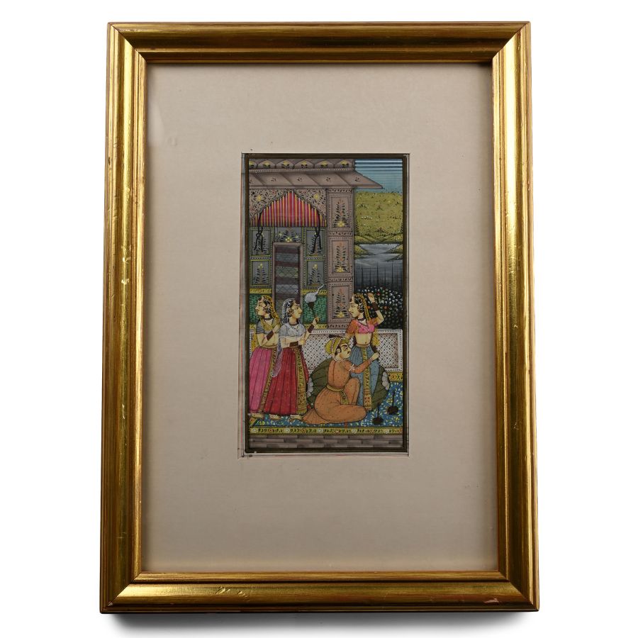 Indian Miniature Framed Watercolour Painting with Three Courtly Ladies