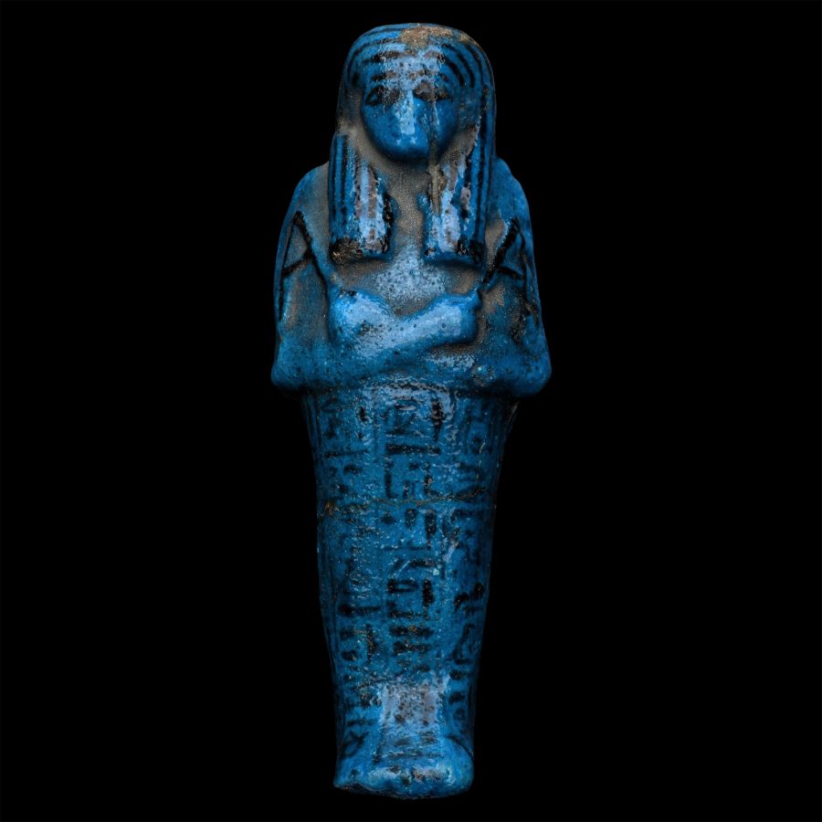 Egyptian Deir el-Bahari Bright Blue Glazed Faience Shabti of Nesitanebisheru, Daughter of Pinedjem II, High Priest of Amun, and Neskhons