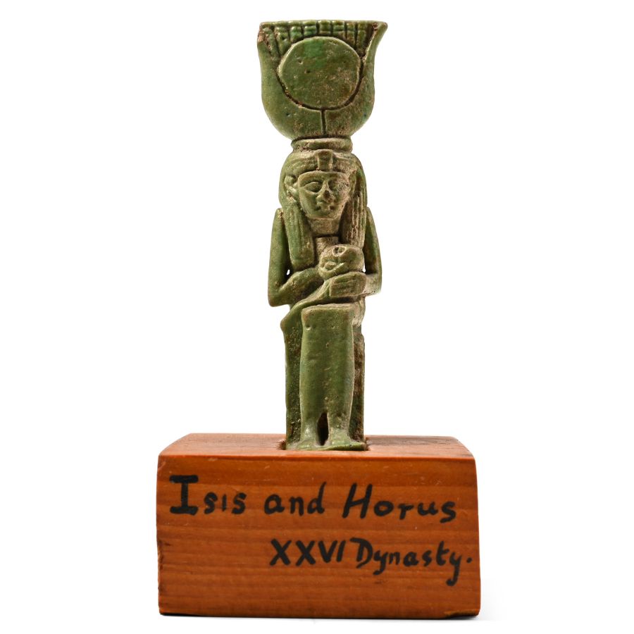 Egyptian Green Glazed Faience Amulet of the Goddess Isis with Horus