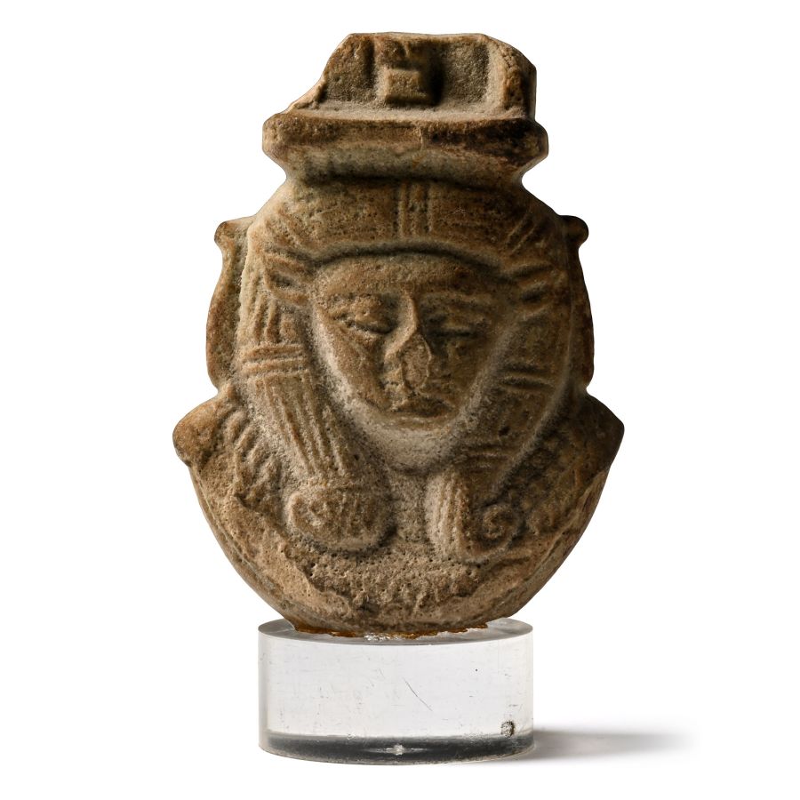 Egyptian Green Glazed Faience Head of the Goddess Hathor from a Sistrum