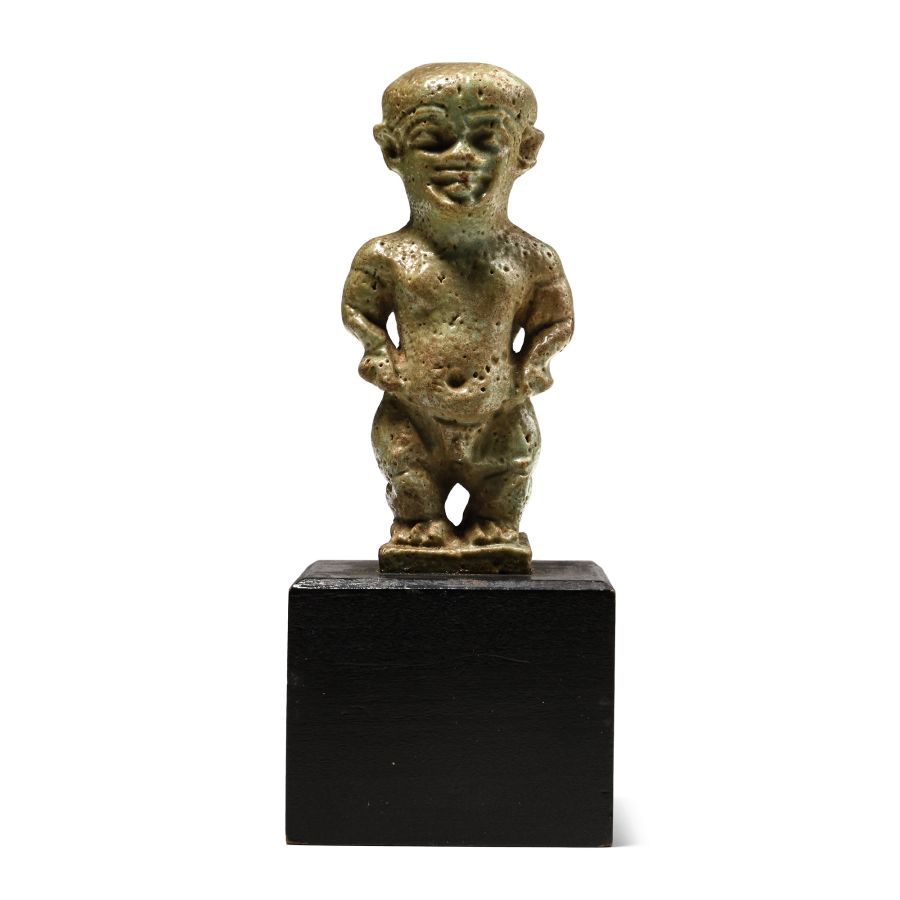 Large Egyptian Green Glazed Faience Bifacial Pataikos Amulet